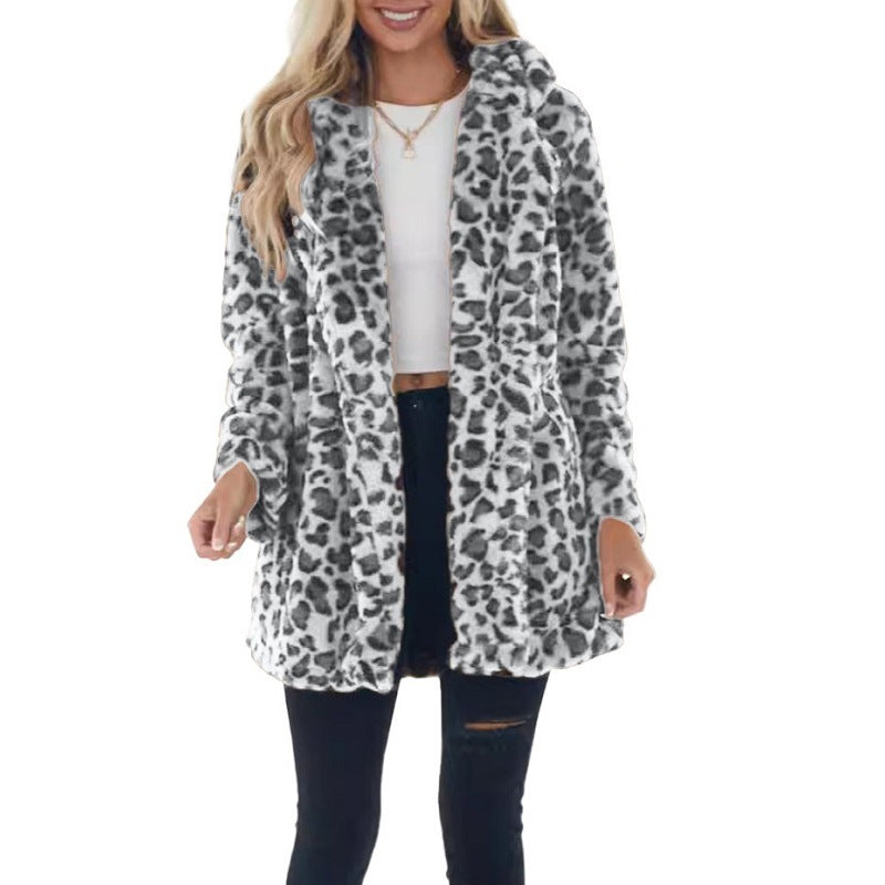Women's Faux Fur Leopard Jacket, Winter Warm Coat with Pockets, Fashion Streetwear Turn Down Collar Overcoat