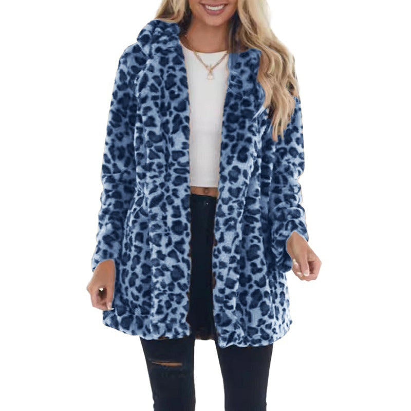 Women's Faux Fur Leopard Jacket, Winter Warm Coat with Pockets, Fashion Streetwear Turn Down Collar Overcoat