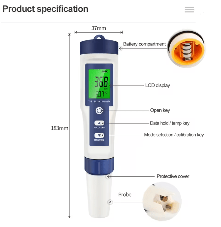 HydroSense 5 In 1 Digital Water Quality Tester With PH TDS EC Salinity And Temperature Display 2