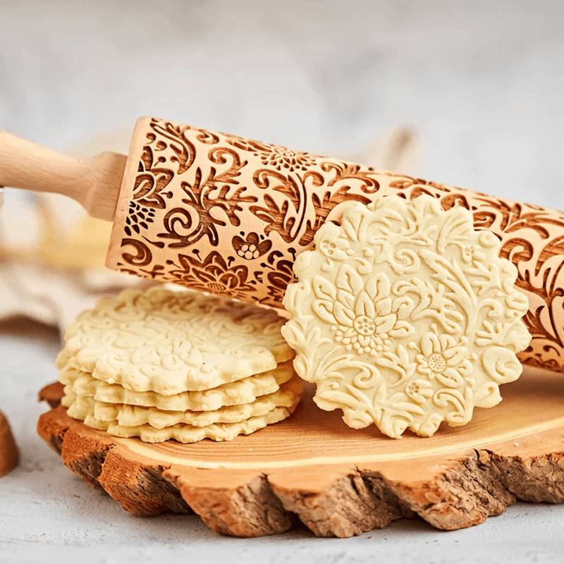 SunBloom Engraved Wooden Rolling Pin For Cookies And Pastry Designs 1