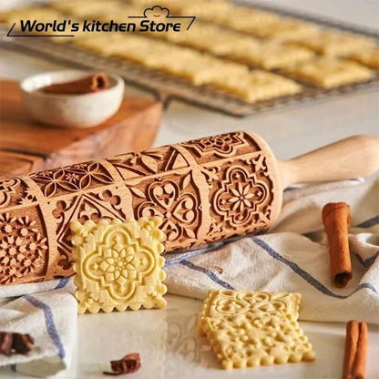 Christmas Wooden Embossed Rolling Pin  Snowflake  Reindeer Design For Festive Cookies Fondant  Past