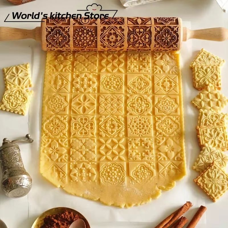 Christmas Wooden Embossed Rolling Pin  Snowflake  Reindeer Design For Festive Cookies Fondant  Past