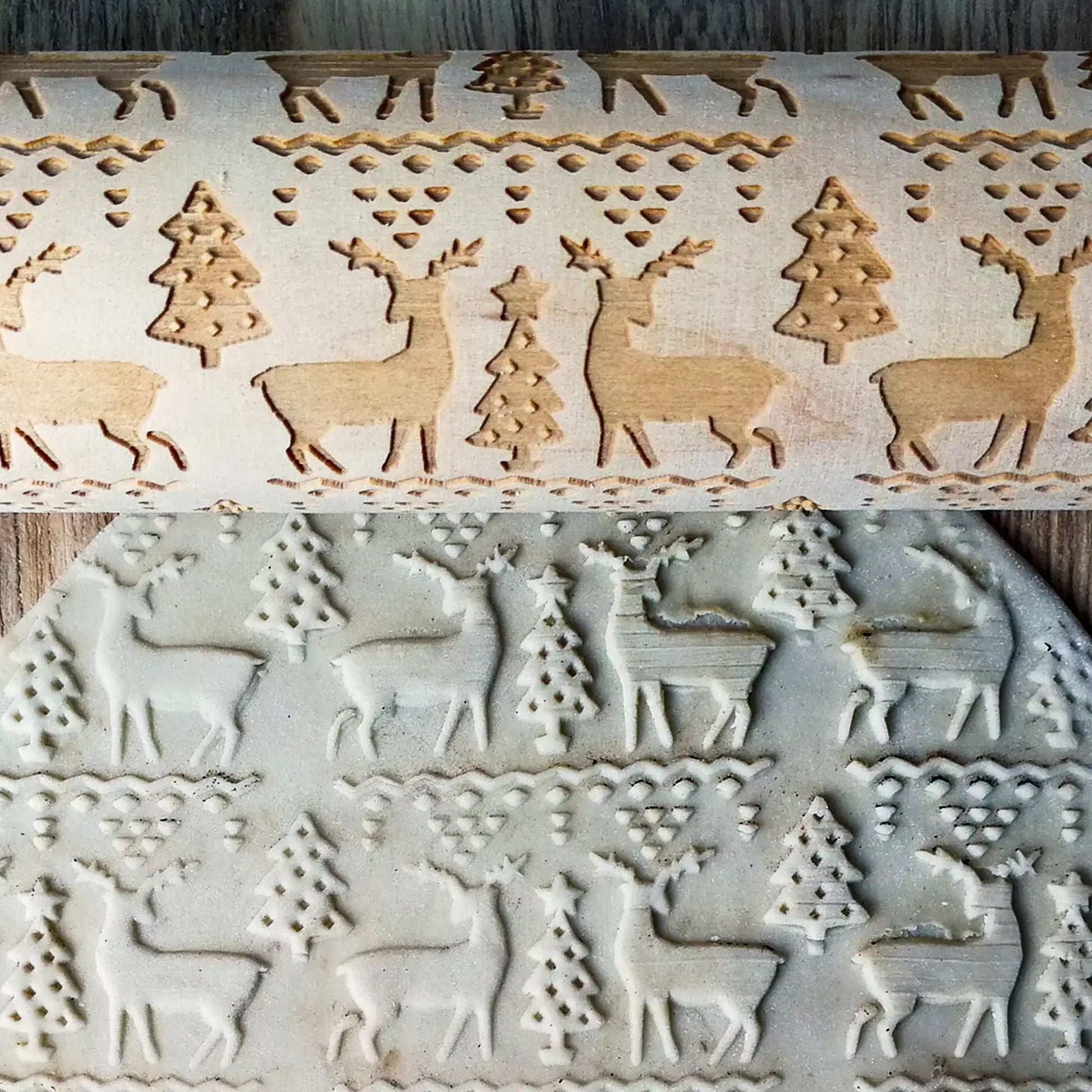Christmas Wooden Embossed Rolling Pin – Snowflake & Reindeer Design for Festive Cookies, Fondant & Pastriess