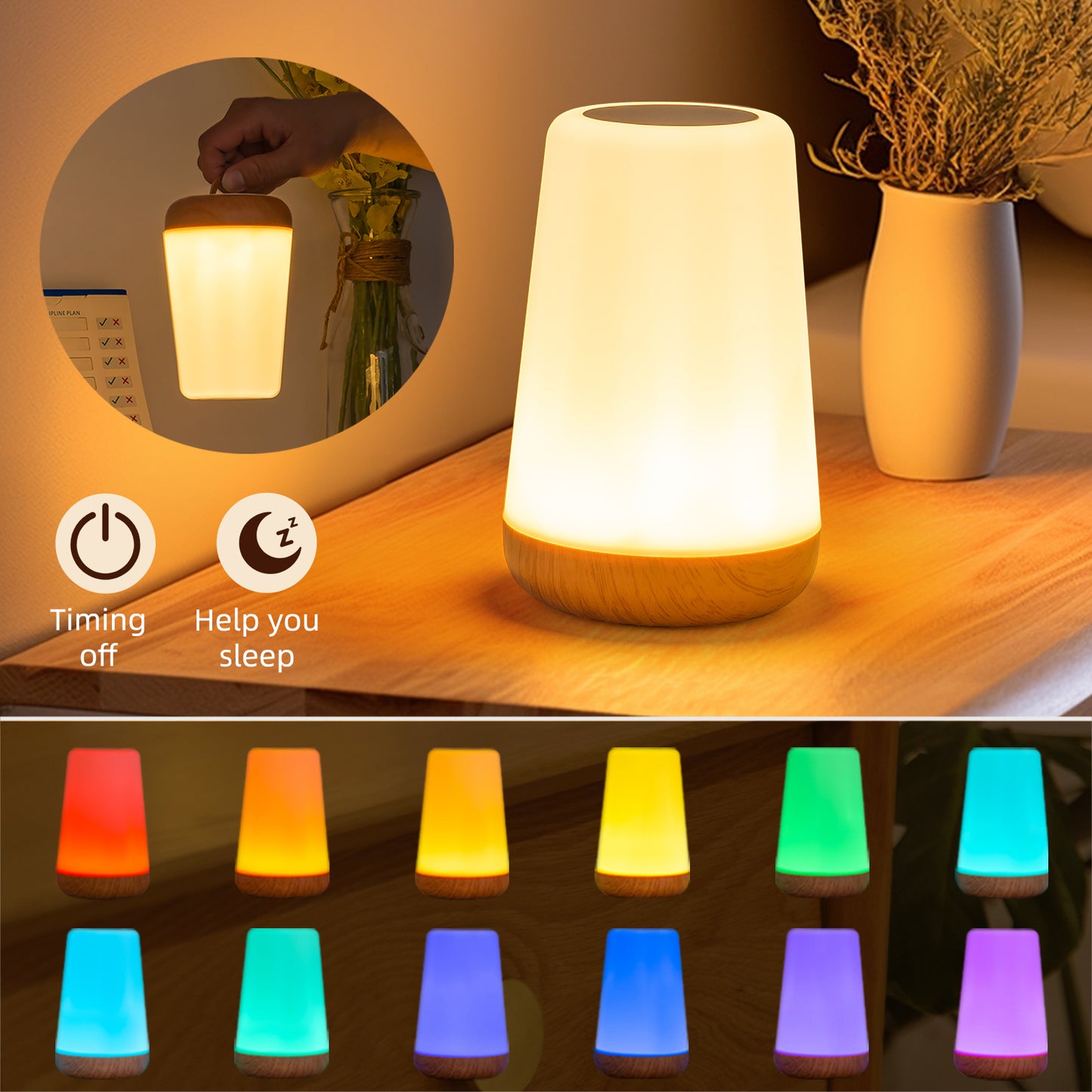 USB Rechargeable Bedside Lamp Touch Control  Remote 13 Color Changing Dimmable LED Night Light For  1