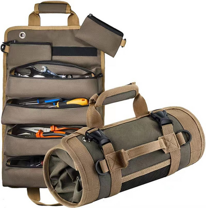 Canvas Tool Roll-Up Kit, Multi-Function Large Capacity Hanging Bag, Car Storage Organizer, Camping Gear Zipper Carrier