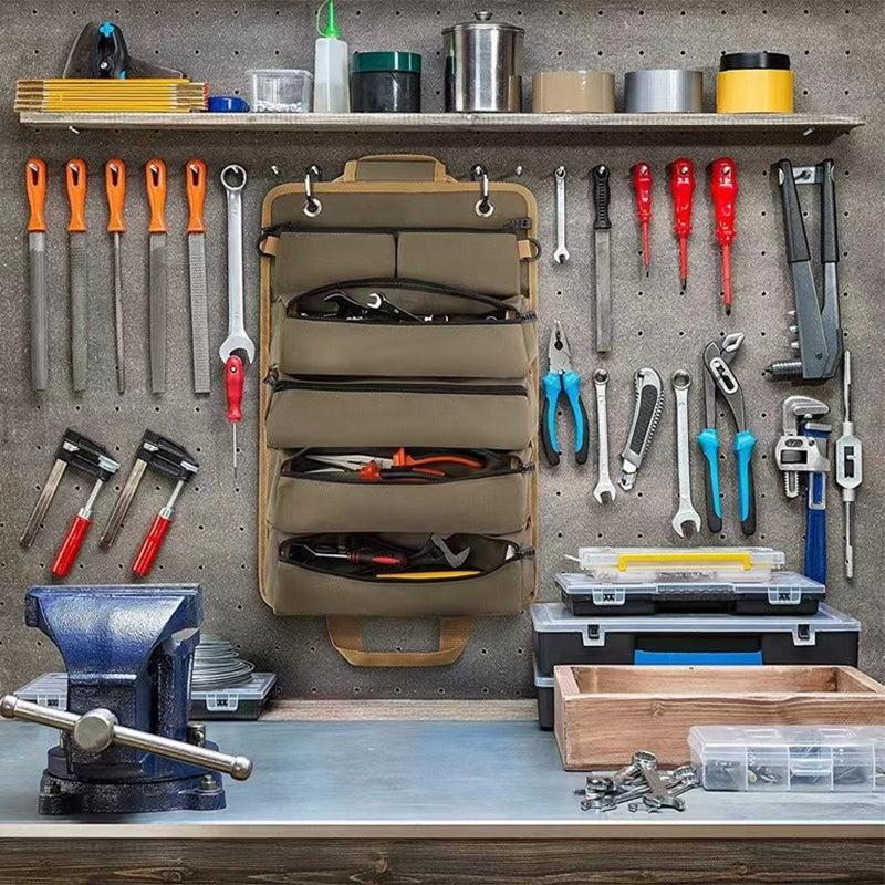 Canvas Tool Roll-Up Kit, Multi-Function Large Capacity Hanging Bag, Car Storage Organizer, Camping Gear Zipper Carrier