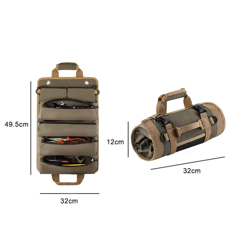 Canvas Tool Roll-Up Kit, Multi-Function Large Capacity Hanging Bag, Car Storage Organizer, Camping Gear Zipper Carrier