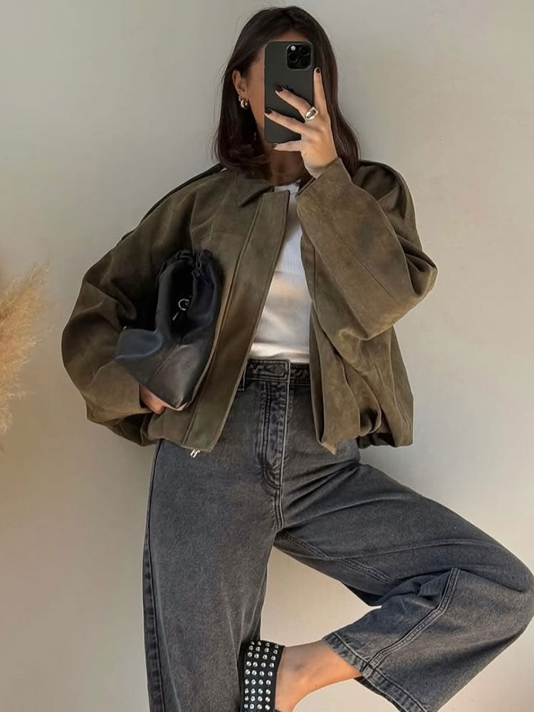 Vintage Brown Suede Jacket for Women, Casual Loose Fit Bomber Coat, Green Lapel, Motorcycle Style