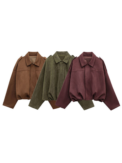 Vintage Brown Suede Jacket For Women Casual Loose Fit Bomber Coat Green Lapel Motorcycle Style 1
