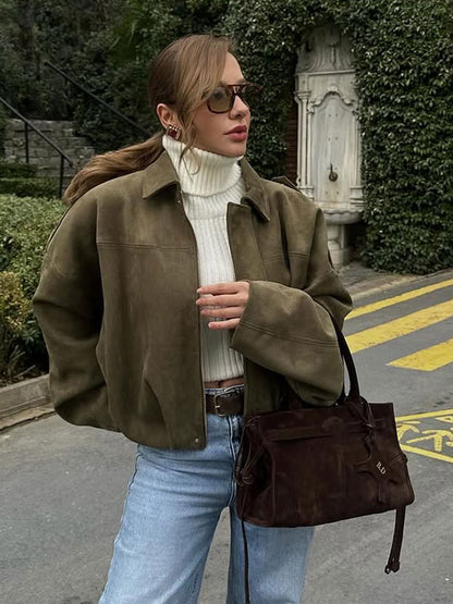 Vintage Brown Suede Jacket For Women Casual Loose Fit Bomber Coat Green Lapel Motorcycle Style 2