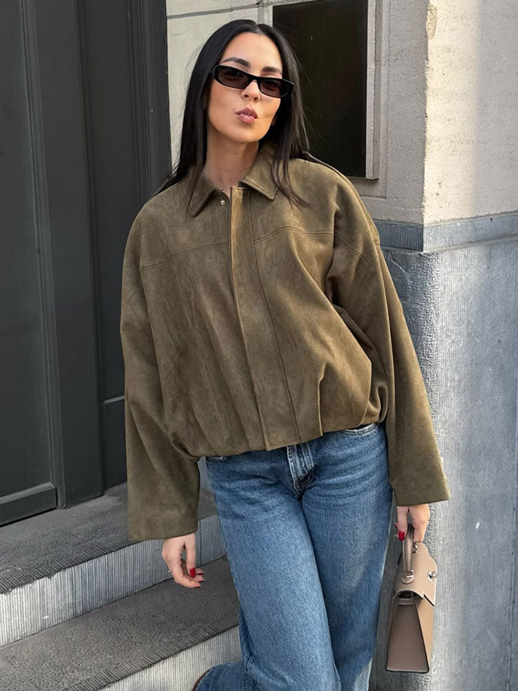 Vintage Brown Suede Jacket For Women Casual Loose Fit Bomber Coat Green Lapel Motorcycle Style 3