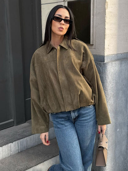 Vintage Brown Suede Jacket For Women Casual Loose Fit Bomber Coat Green Lapel Motorcycle Style 3