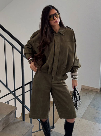 Vintage Brown Suede Jacket For Women Casual Loose Fit Bomber Coat Green Lapel Motorcycle Style 4