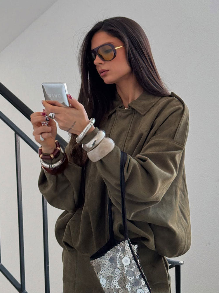 Vintage Brown Suede Jacket For Women Casual Loose Fit Bomber Coat Green Lapel Motorcycle Style 5
