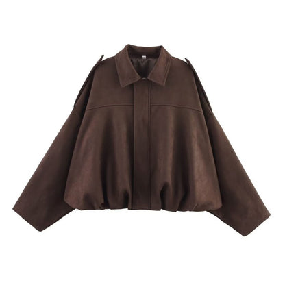 Vintage Brown Suede Jacket For Women Casual Loose Fit Bomber Coat Green Lapel Motorcycle Style 10