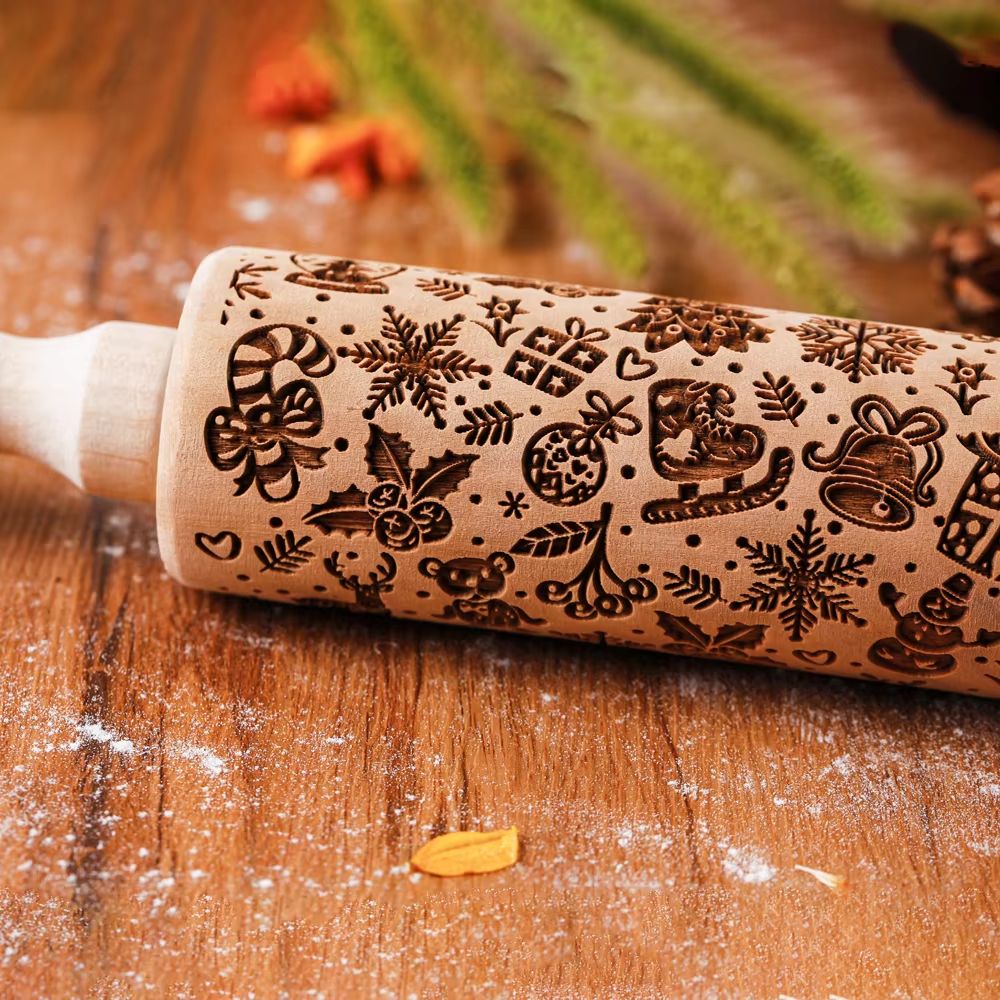 Christmas Leaf Hive Wooden Embossed Rolling Pin  Deep Engraved Holiday Baking Tool For Cookies Past 1