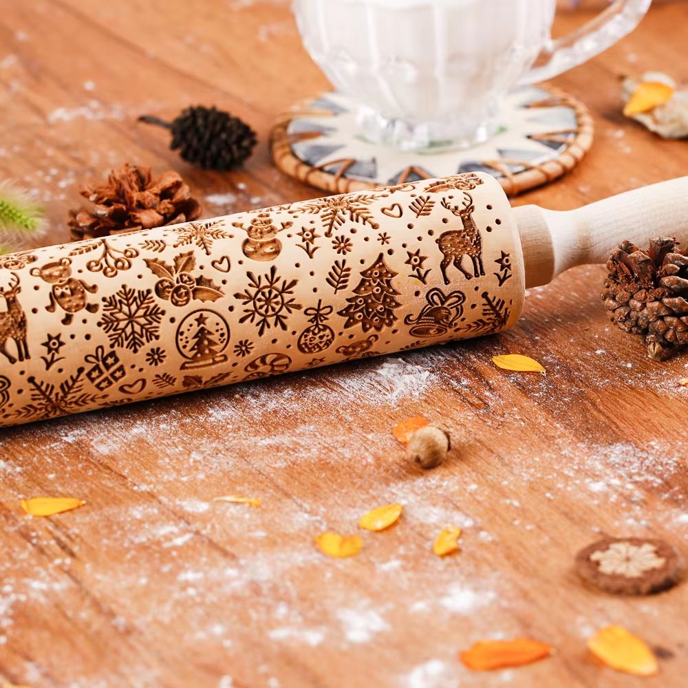 Christmas Leaf Hive Wooden Embossed Rolling Pin  Deep Engraved Holiday Baking Tool For Cookies Past 2