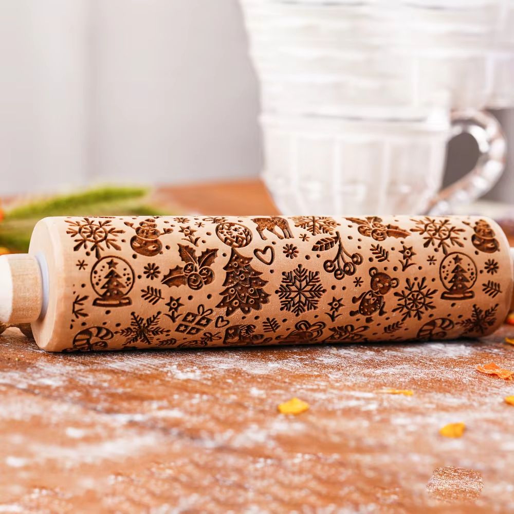 Christmas Leaf Hive Wooden Embossed Rolling Pin  Deep Engraved Holiday Baking Tool For Cookies Past 3