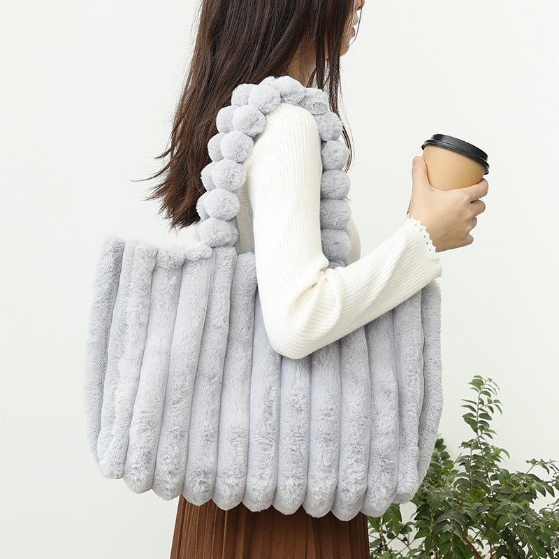 Soft Striped Faux Fur Shoulder Bag, Luxurious Autumn Winter Plush Tote Bag, Comfortable Handheld Strap Fashion Purse