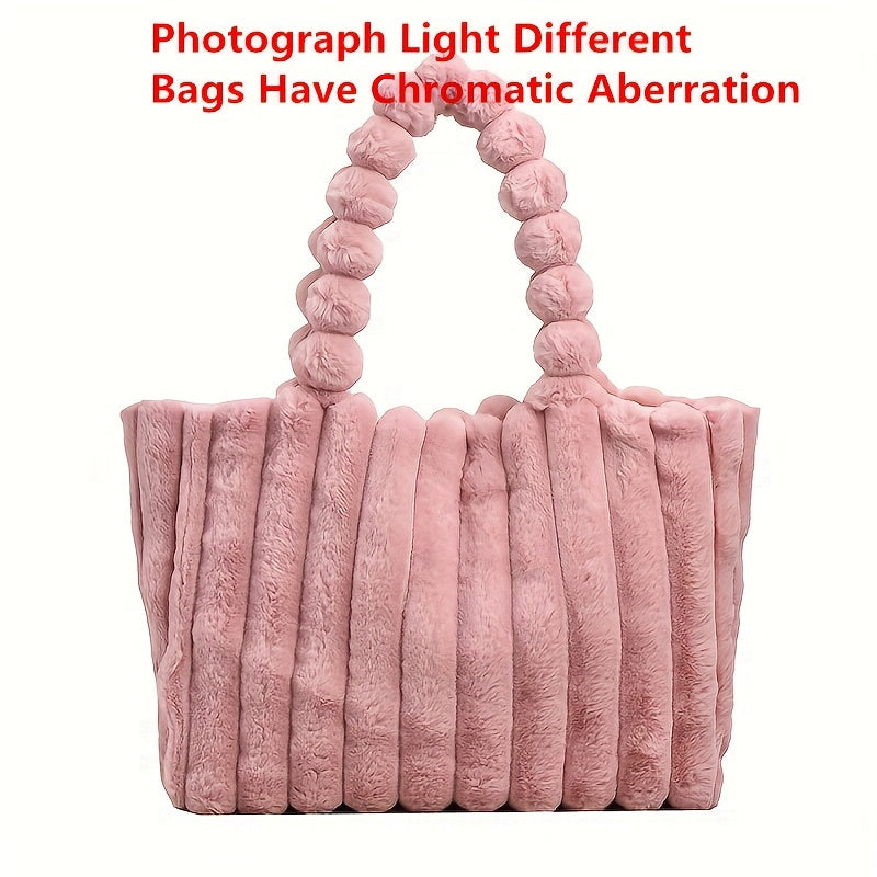 Soft Striped Faux Fur Shoulder Bag, Luxurious Autumn Winter Plush Tote Bag, Comfortable Handheld Strap Fashion Purse