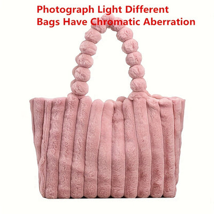 Soft Striped Faux Fur Shoulder Bag, Luxurious Autumn Winter Plush Tote Bag, Comfortable Handheld Strap Fashion Purse