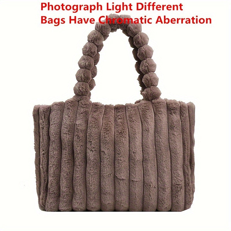 Soft Striped Faux Fur Shoulder Bag, Luxurious Autumn Winter Plush Tote Bag, Comfortable Handheld Strap Fashion Purse
