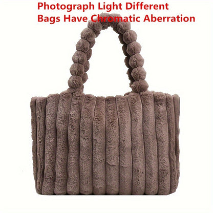 Soft Striped Faux Fur Shoulder Bag, Luxurious Autumn Winter Plush Tote Bag, Comfortable Handheld Strap Fashion Purse