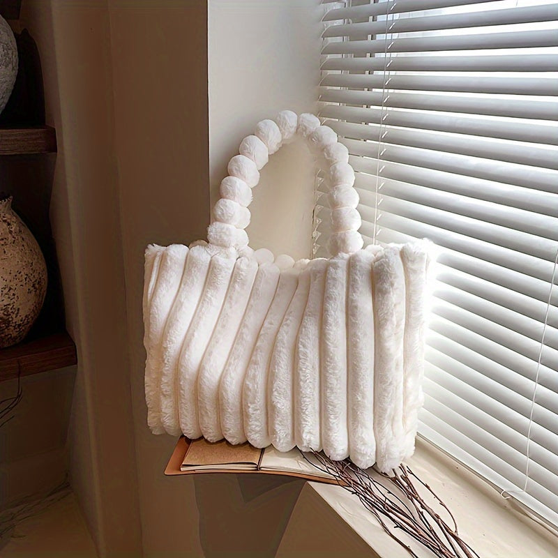Soft Striped Faux Fur Shoulder Bag, Luxurious Autumn Winter Plush Tote Bag, Comfortable Handheld Strap Fashion Purse