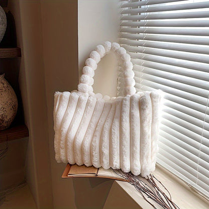 Soft Striped Faux Fur Shoulder Bag, Luxurious Autumn Winter Plush Tote Bag, Comfortable Handheld Strap Fashion Purse