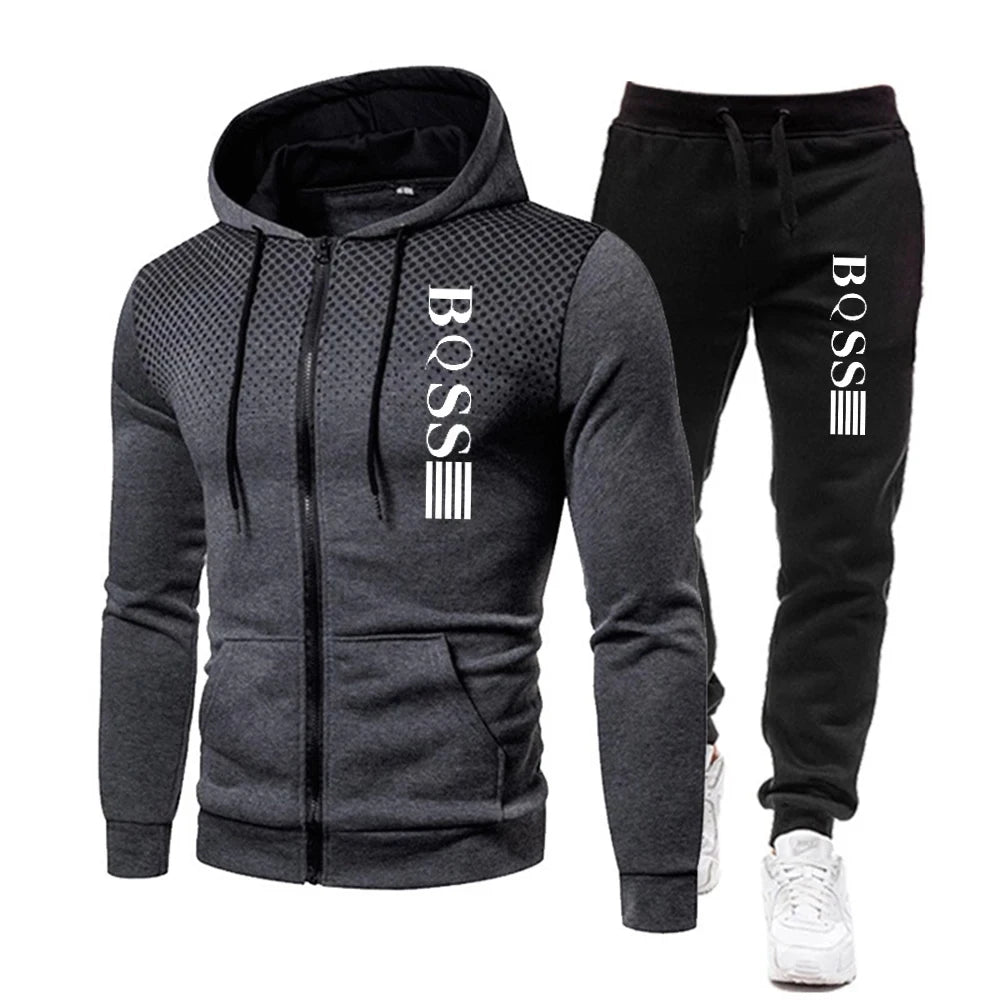 Men's Print Tracksuit Set, Zipper Hooded Sweatshirt and Jogger Sweatpants, Casual Fitness Sports Suit