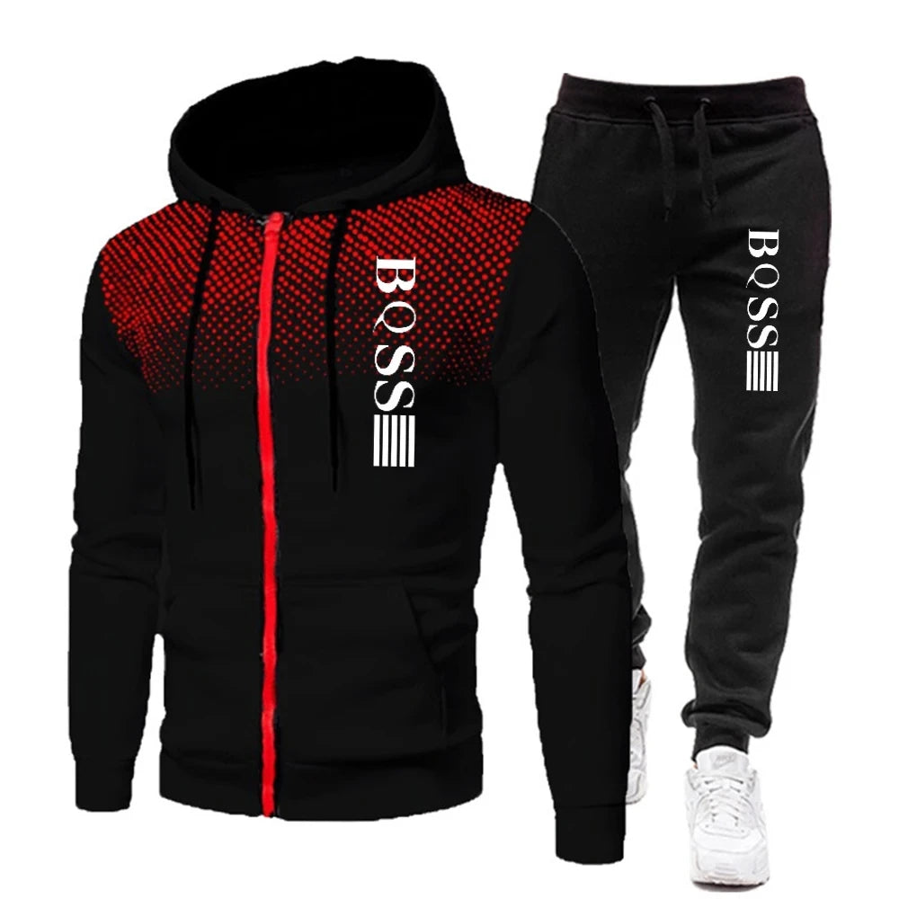 Men's Print Tracksuit Set, Zipper Hooded Sweatshirt and Jogger Sweatpants, Casual Fitness Sports Suit