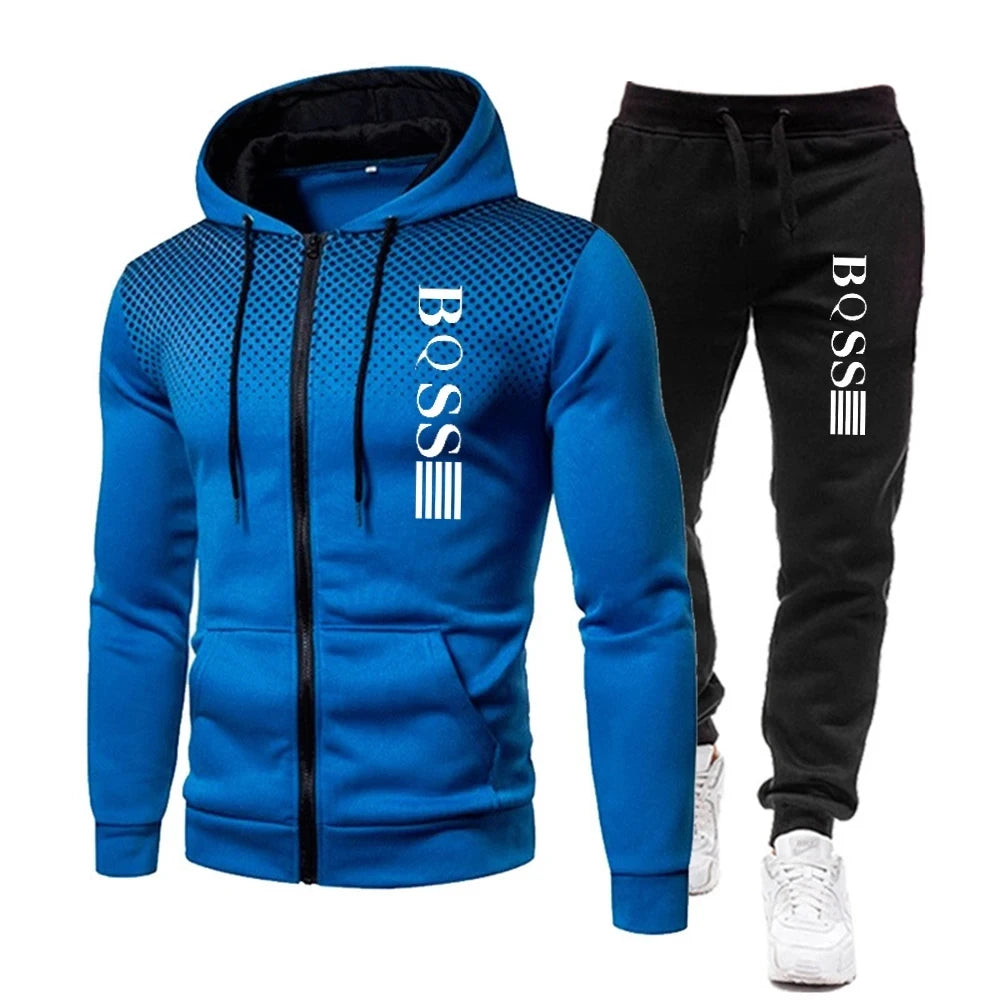 Men's Print Tracksuit Set, Zipper Hooded Sweatshirt and Jogger Sweatpants, Casual Fitness Sports Suit