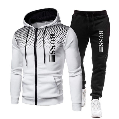 Men's Print Tracksuit Set, Zipper Hooded Sweatshirt and Jogger Sweatpants, Casual Fitness Sports Suit