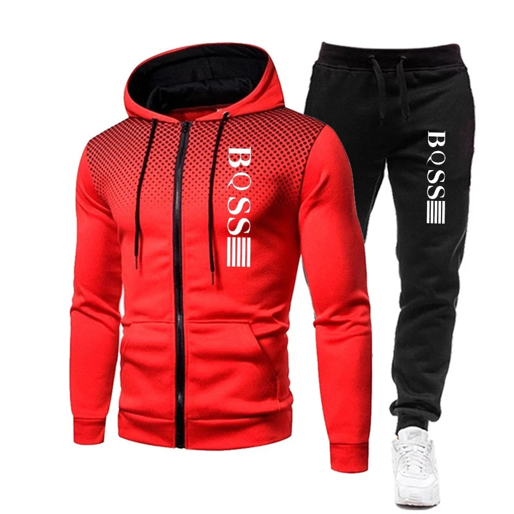 Men's Print Tracksuit Set, Zipper Hooded Sweatshirt and Jogger Sweatpants, Casual Fitness Sports Suit
