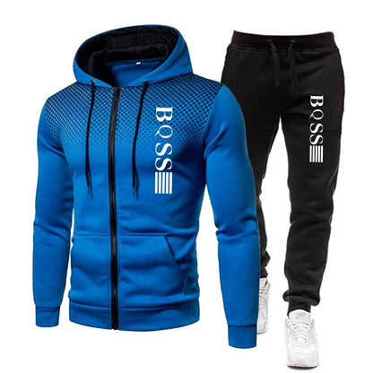 Men's Print Tracksuit Set, Zipper Hooded Sweatshirt and Jogger Sweatpants, Casual Fitness Sports Suit