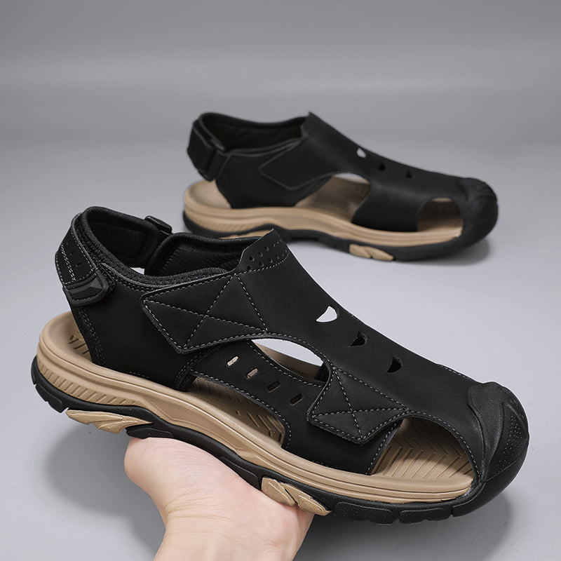 Mens Genuine Leather Summer Sandals, Breathable Outdoor Fashion Flats & Antiskid Beach Shoes