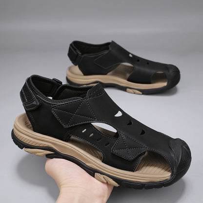 Mens Genuine Leather Summer Sandals, Breathable Outdoor Fashion Flats & Antiskid Beach Shoes