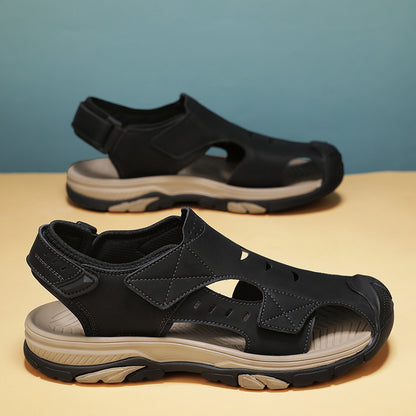 Mens Genuine Leather Summer Sandals Breathable Outdoor Fashion Flats  Antiskid Beach Shoes 6
