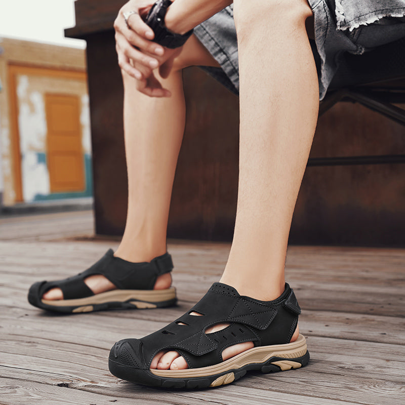 Mens Genuine Leather Summer Sandals Breathable Outdoor Fashion Flats  Antiskid Beach Shoes 2