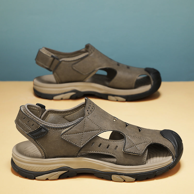 Mens Genuine Leather Summer Sandals Breathable Outdoor Fashion Flats  Antiskid Beach Shoes 7