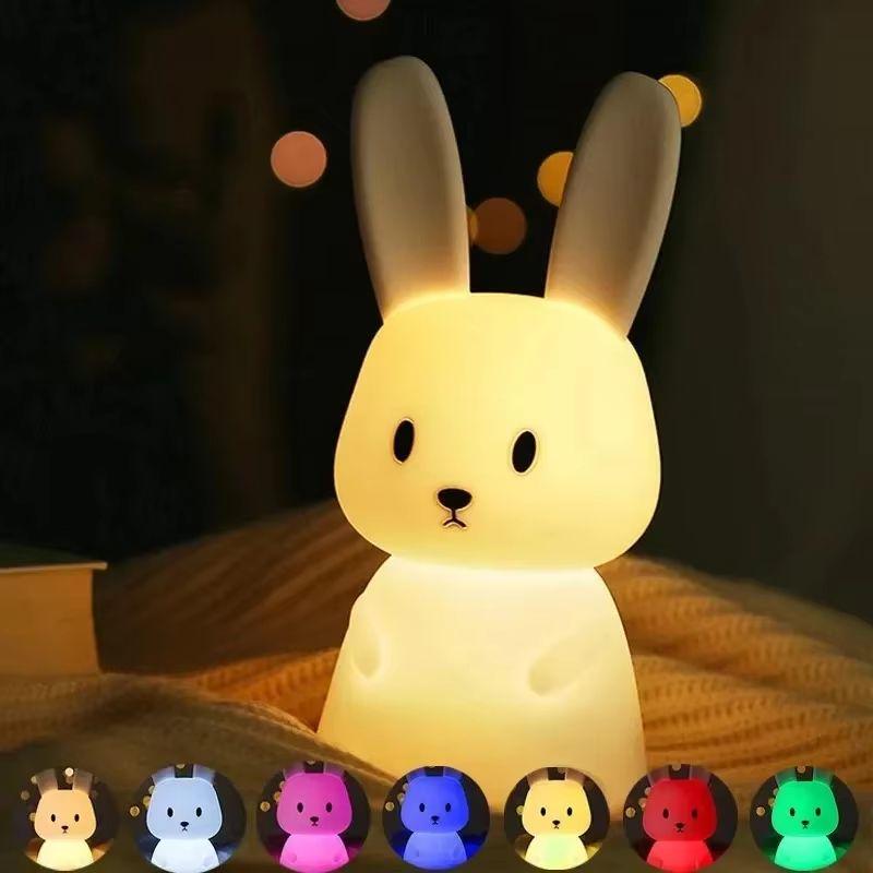 Cute Animal Night Light, Silicone Rabbit LED Lamp, Touch Sensor for Kids, Baby Bedroom Decor, Child Home Gift