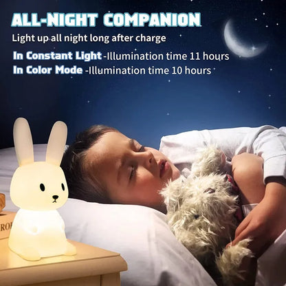 Cute Animal Night Light, Silicone Rabbit LED Lamp, Touch Sensor for Kids, Baby Bedroom Decor, Child Home Gift