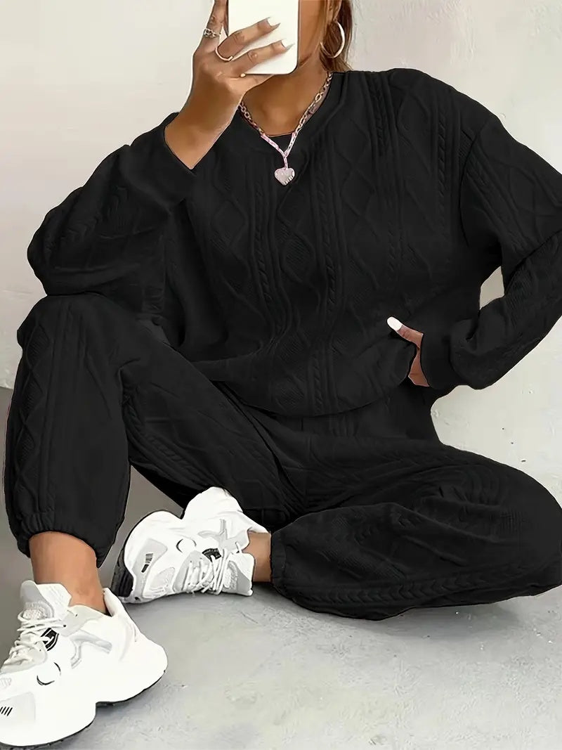 Comfortable Autumn and Winter Outfit, Womens Twist Knit Textured Home Two-Piece Set, Casual Fashion Wear