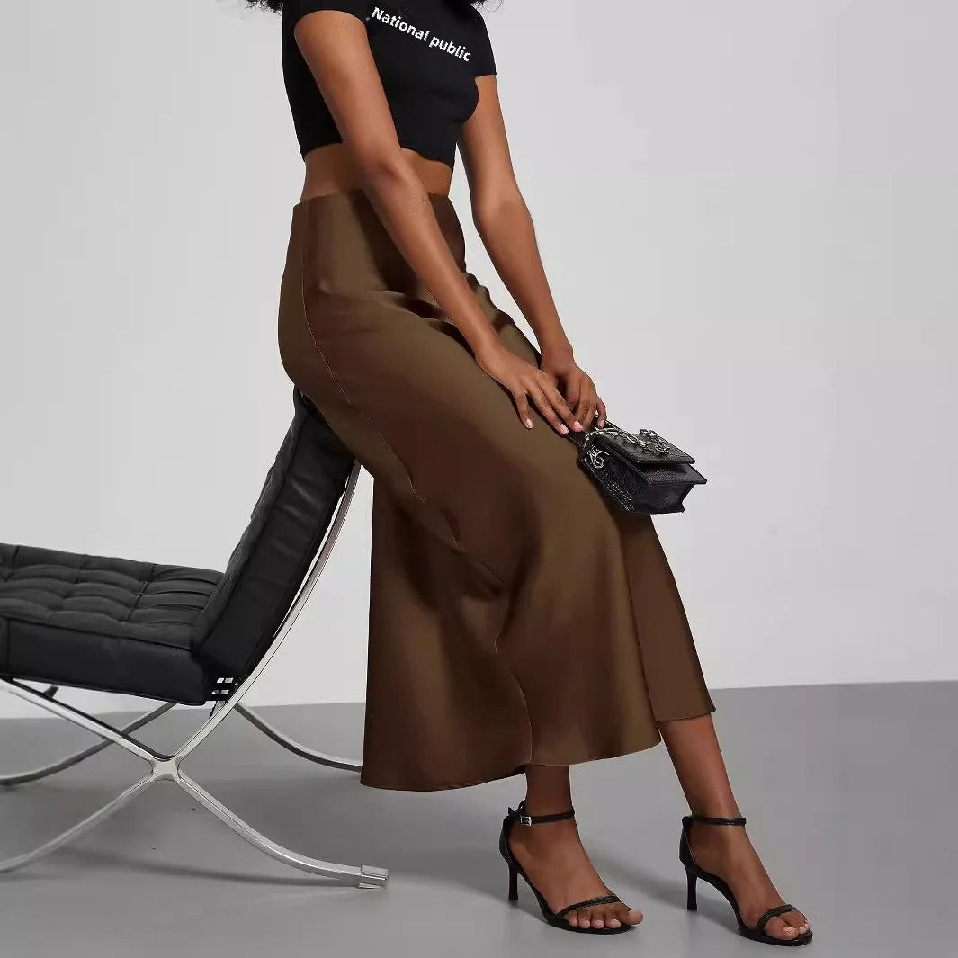 Elegant Womens Midi Skirt, Satin Texture, Versatile Solid Color, Style Fashion