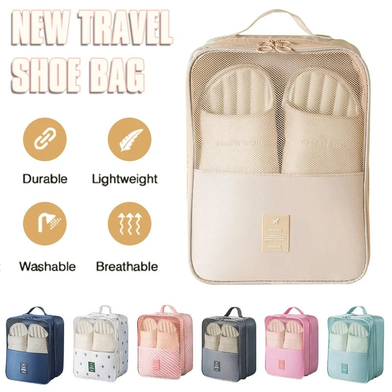 Waterproof Portable Shoe Bag, Black Gray Travel Organizer, 3 Layer Storage for Suitcase and Hanging Shoes