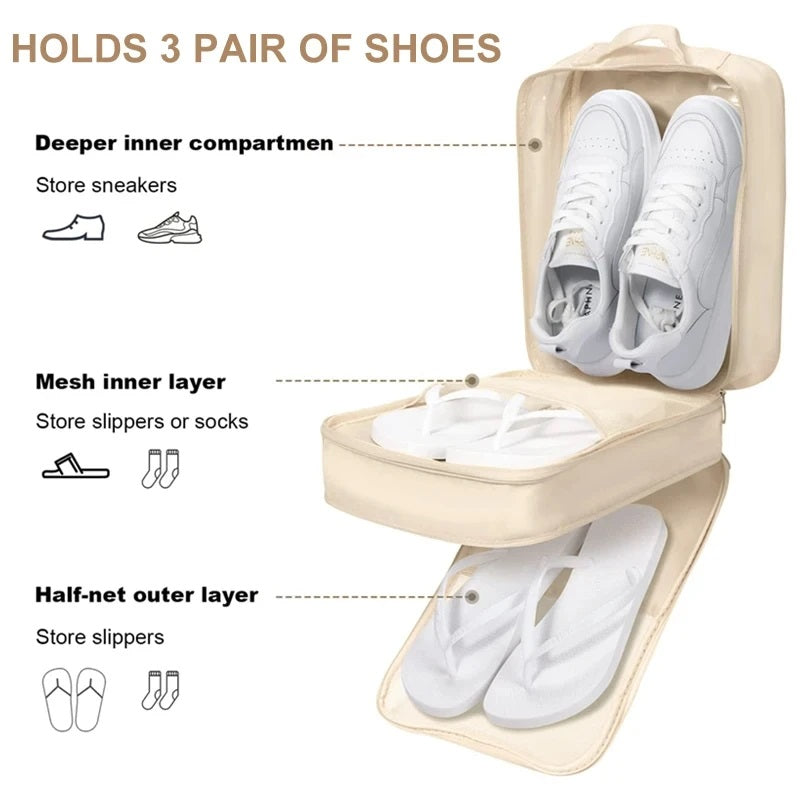Waterproof Portable Shoe Bag, Black Gray Travel Organizer, 3 Layer Storage for Suitcase and Hanging Shoes