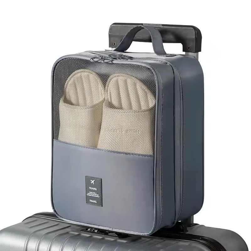 Waterproof Portable Shoe Bag, Black Gray Travel Organizer, 3 Layer Storage for Suitcase and Hanging Shoes