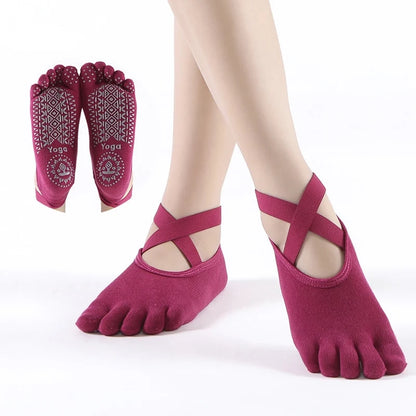 Comfortable Women Breathable Yoga Socks Five Toe Silicone NonSlip Bandage Pilates Socks For Ballet  3