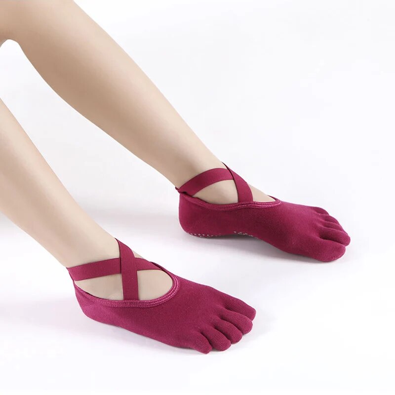 Comfortable Women Breathable Yoga Socks Five Toe Silicone NonSlip Bandage Pilates Socks For Ballet  4