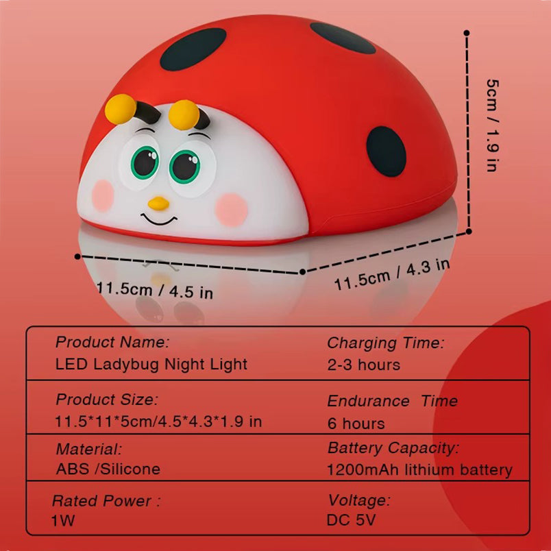 Adorable Ladybug Night Light, USB Rechargeable Nursery Lamp, Touch Control Silicone Sleeping Light for Babies and Kids